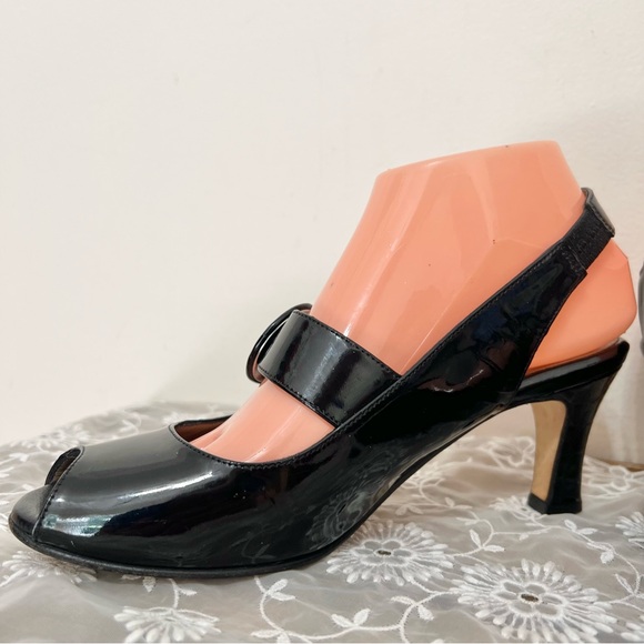 Anyi Lu Black Patent Leather Tulip Slingback Heels Career Corpcore Chic - Picture 4 of 11